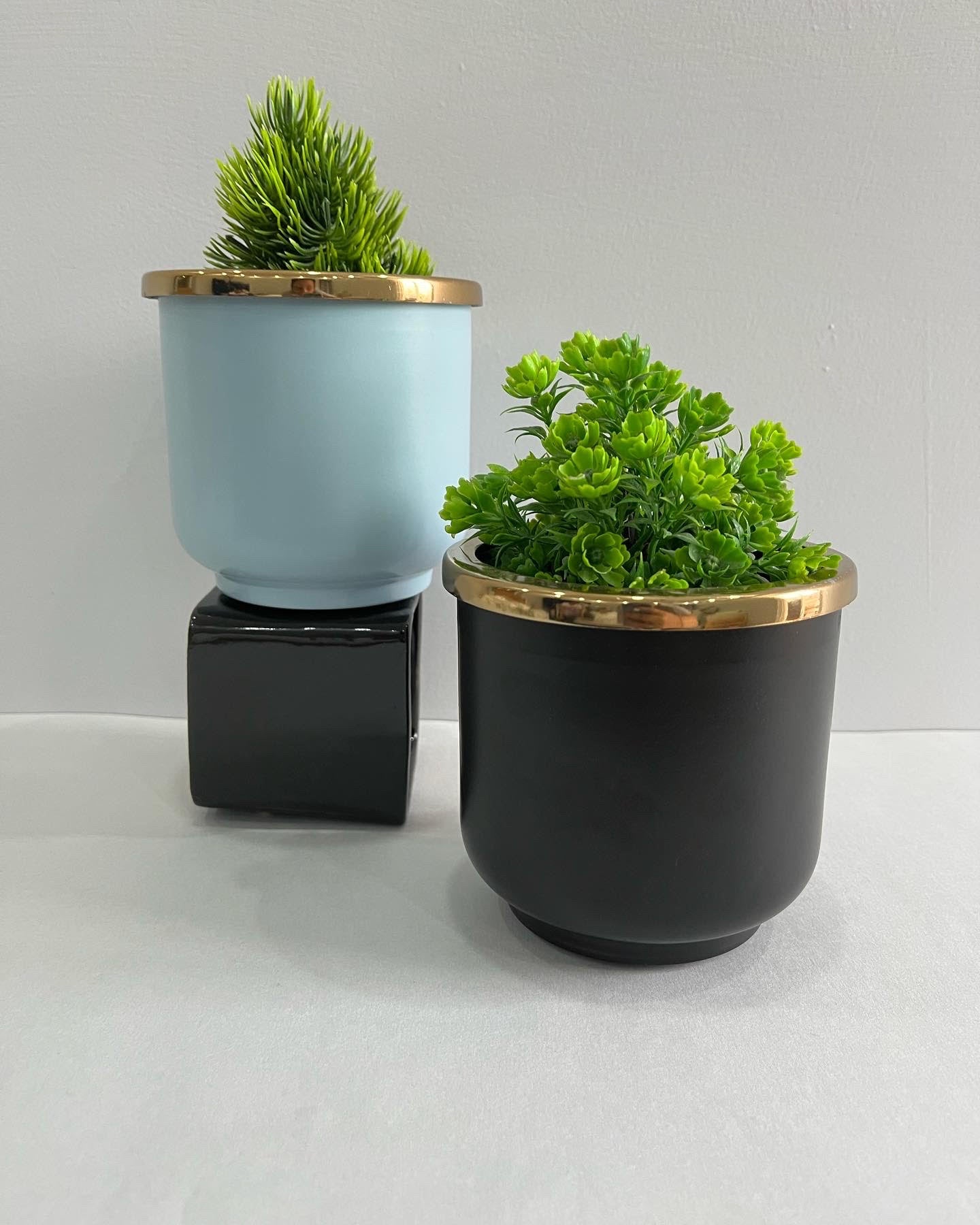 Set of 2 Planters 1 Large & 1 Small - Black & Light Blue with gold