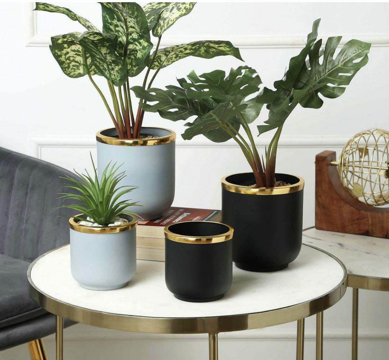 Set of 2 Planters 1 Large & 1 Small - Black & Light Blue with gold