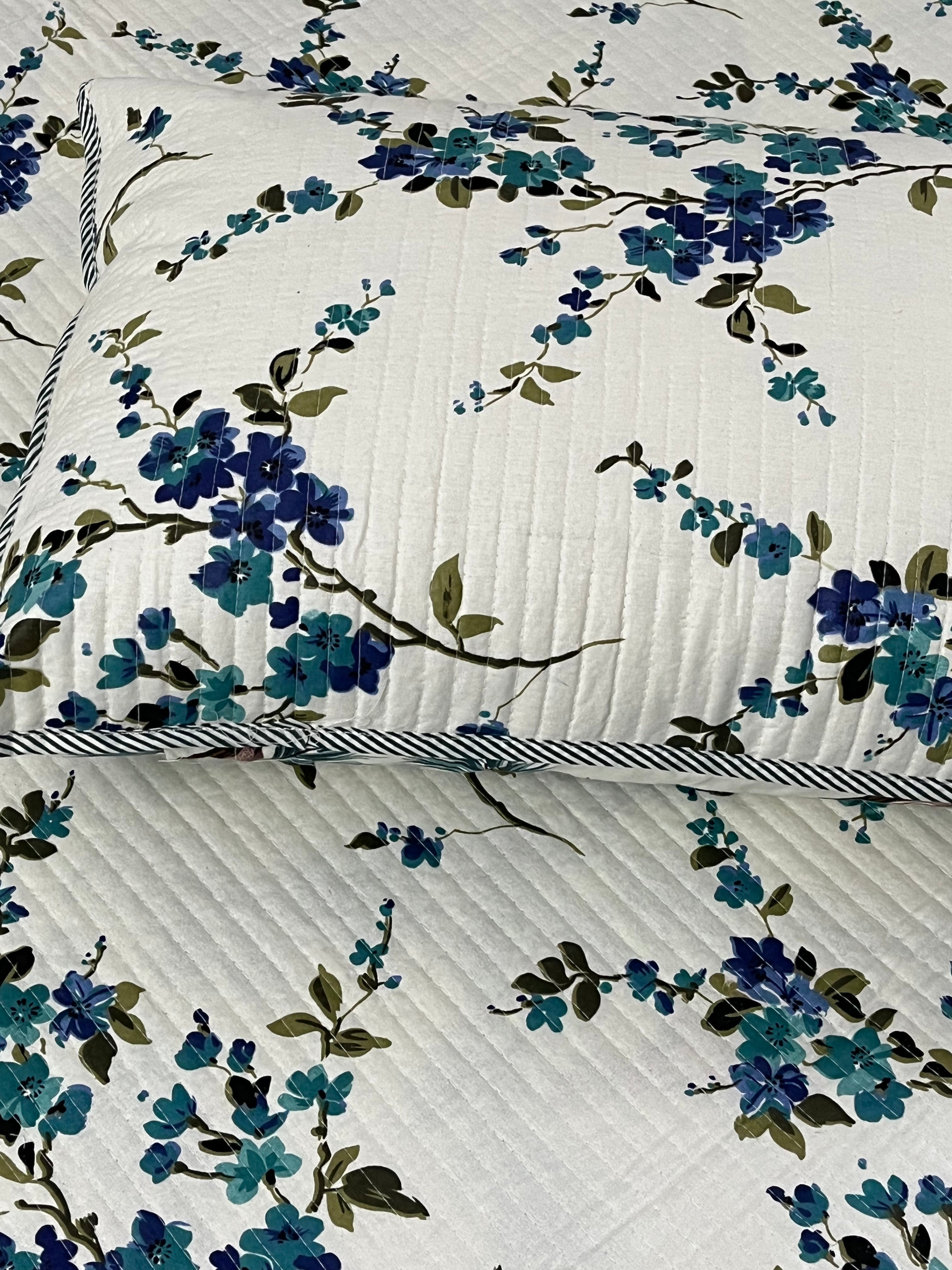 White & Blue Garden Print Pure Cotton King Size Quilted Bedspread 90x104 inches