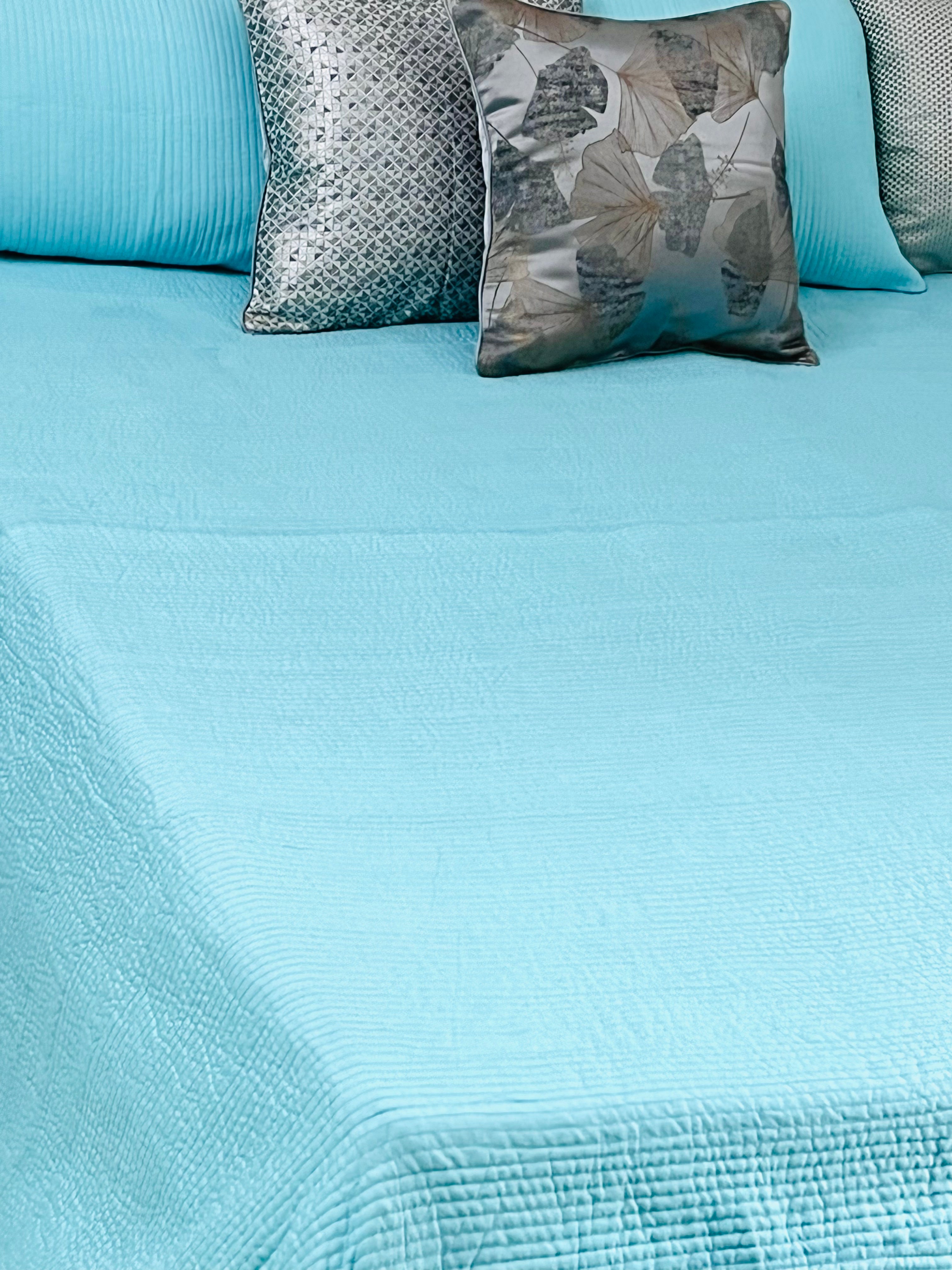 Light Aqua Blue Super King Size 100% Pure Cotton Luxurious Quilted Bedspread 108x108 inches