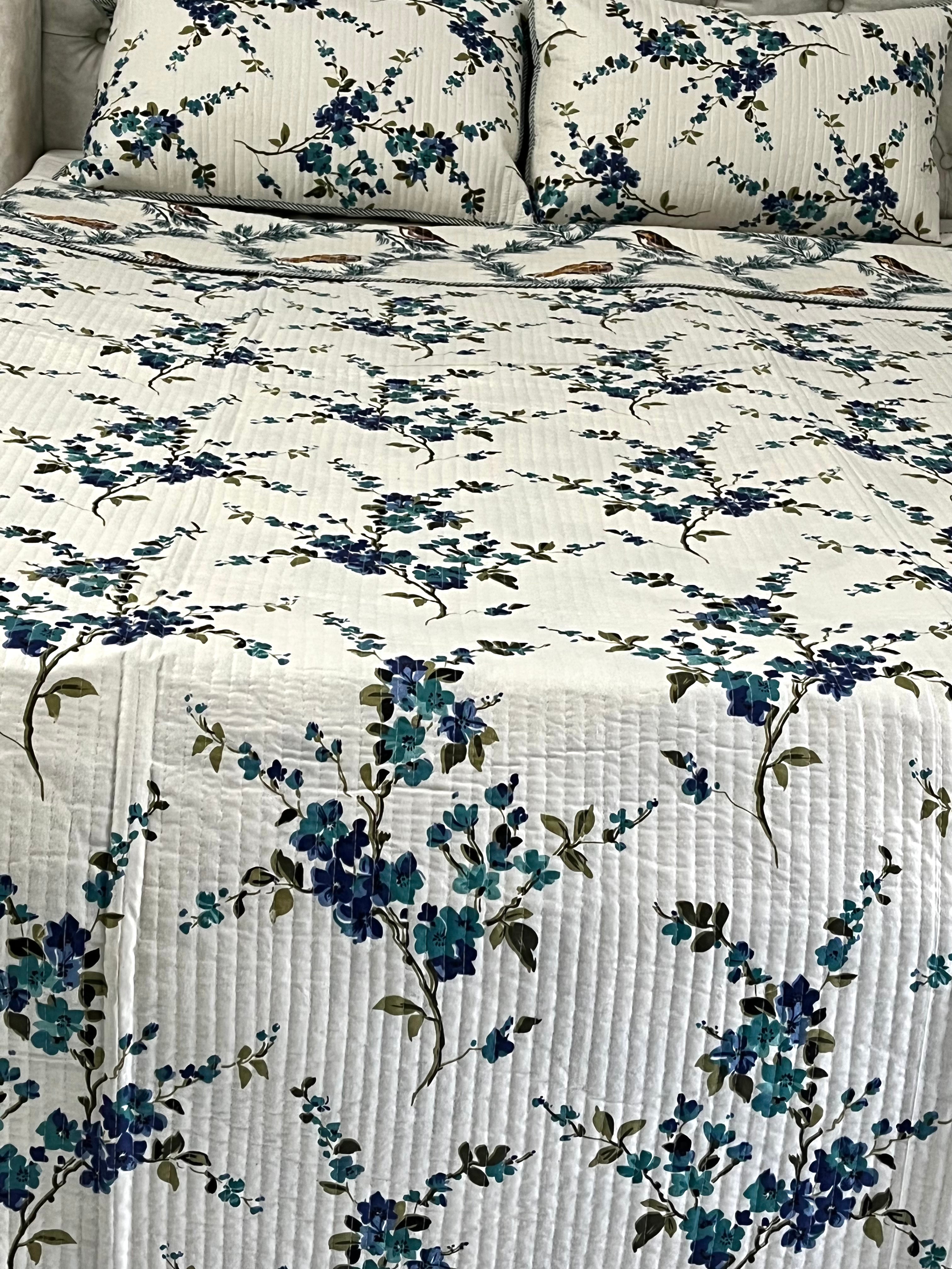 White & Blue Garden Print Pure Cotton King Size Quilted Bedspread 90x104 inches