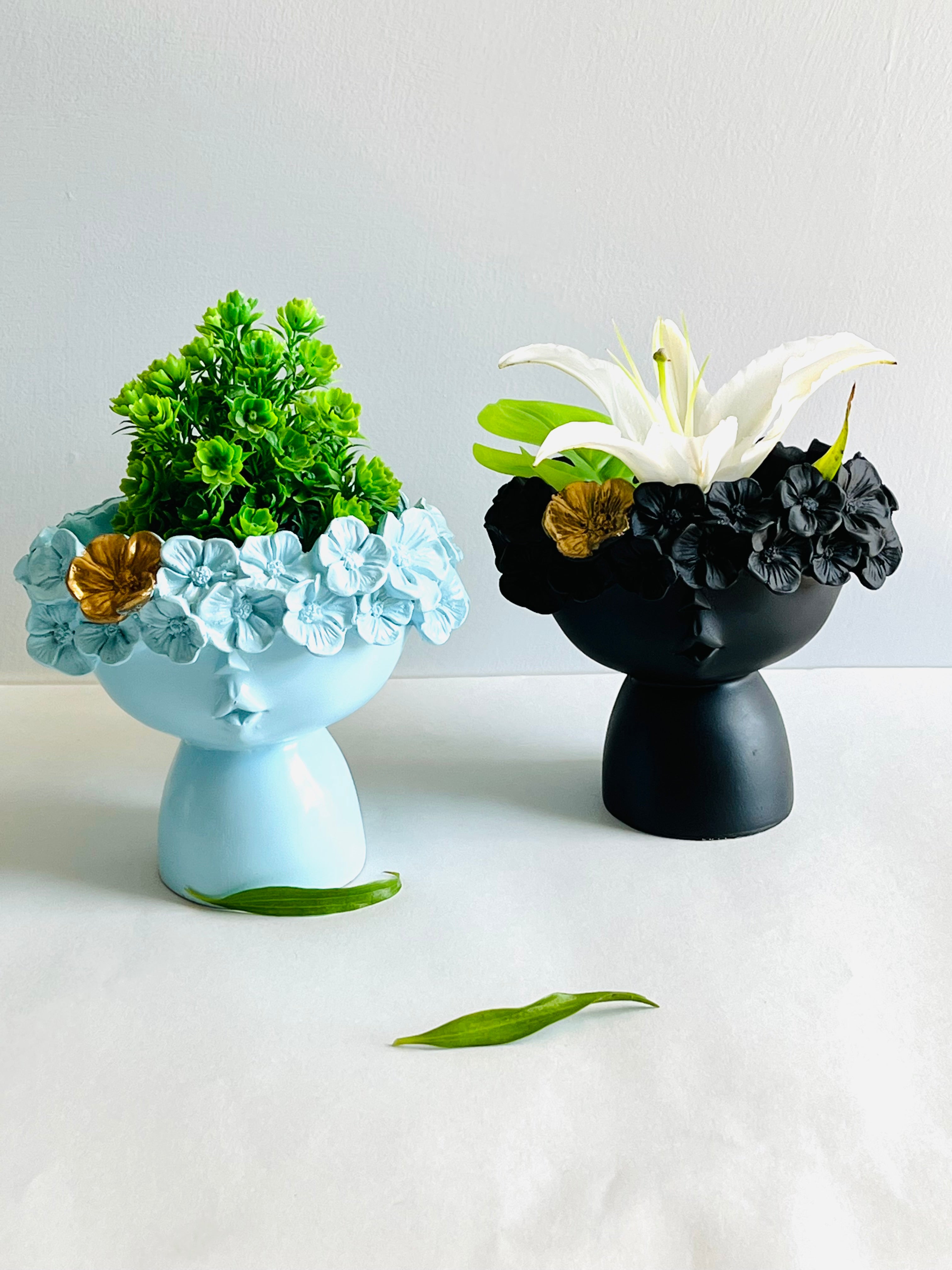 Light Blue & Black Resin Baby Vases- Set of 2