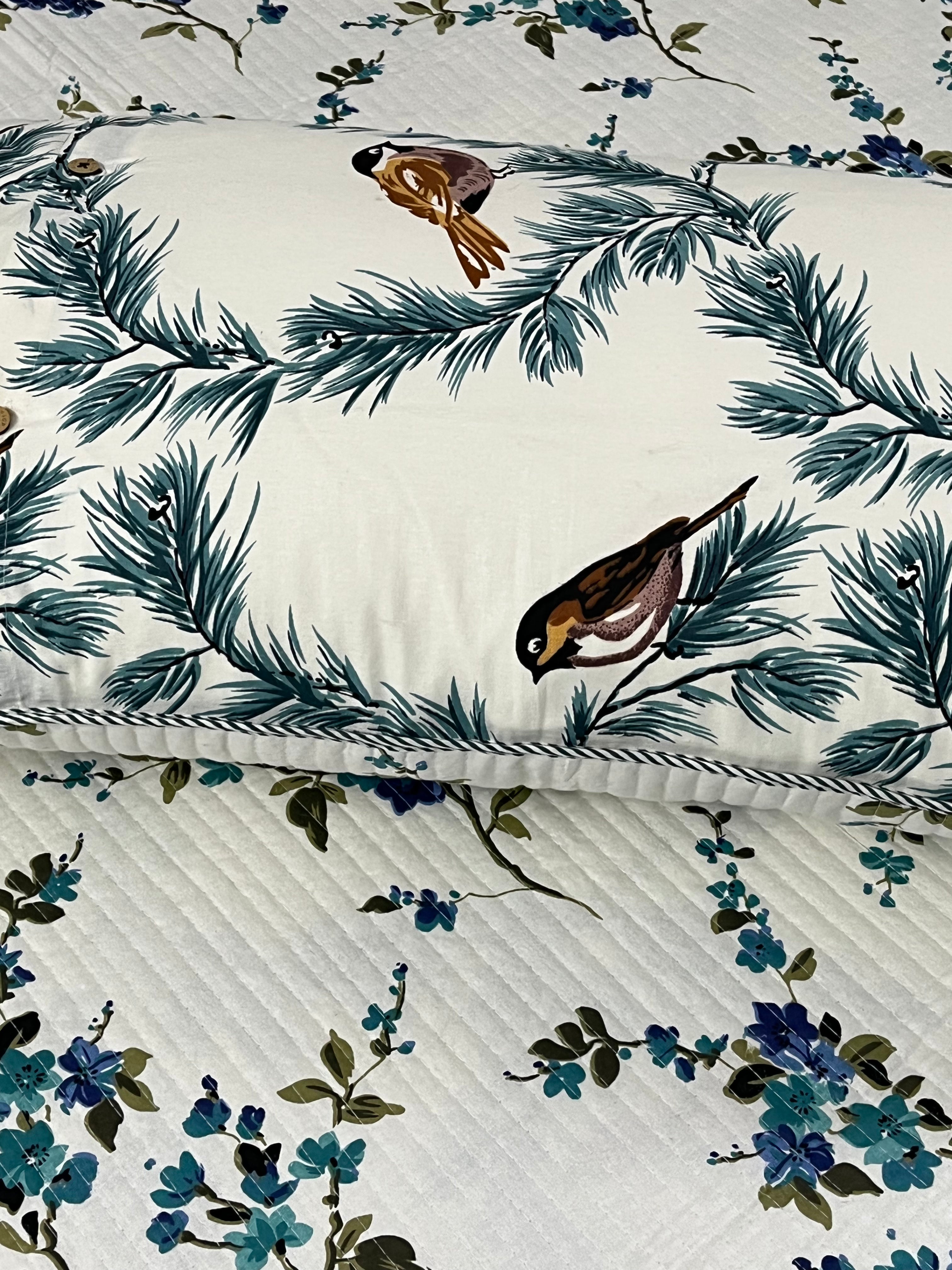 White & Blue Garden Print Pure Cotton King Size Quilted Bedspread 90x104 inches